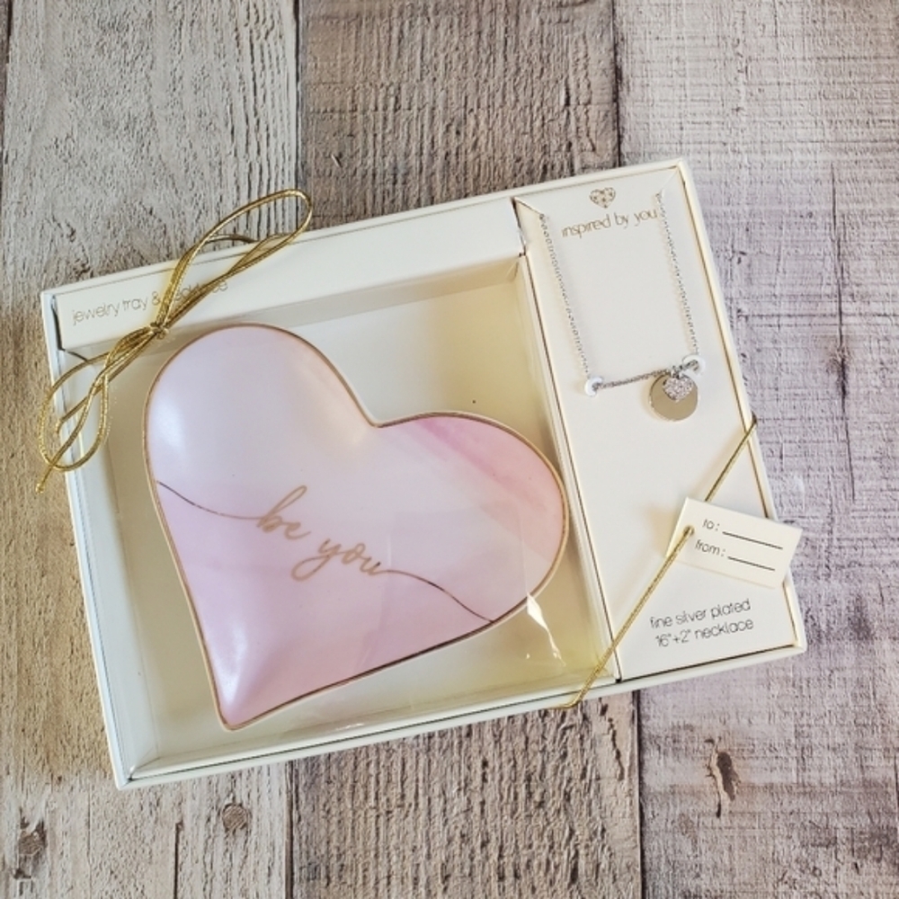 "Be You" 2pc Charm Necklace Heart & Trinket Tray Set